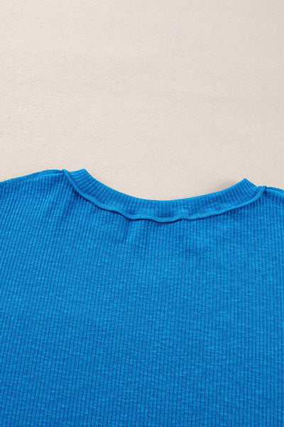 Women's Stylish Blue Ribbed Long Sleeve V-Neck Knit Top with Exposed Seams - Comfortable Everyday Essential