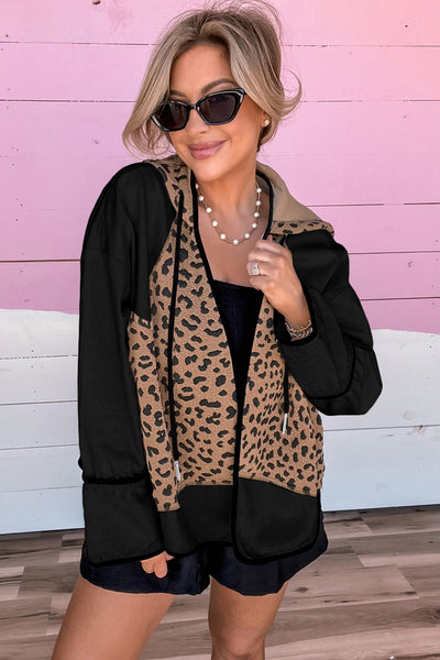 Women's Black Leopard Print Hooded Jacket with Contrast Piping - Stylish Open Front Outerwear for Casual Looks