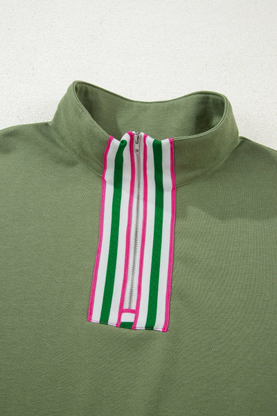 Women's Vineyard Green Contrast Striped Zip Collar Pullover Sweatshirt with Patchwork Design for Cozy Style