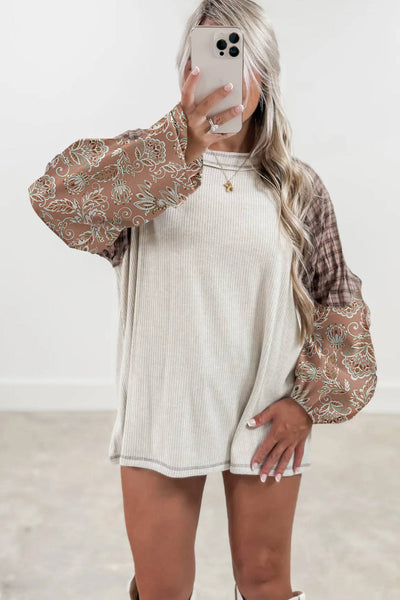 Women's Cozy Floral Patchwork Puff Sleeve Knit Top in Jet Stream Plaid - Stylish Fit & Soft Ribbed Texture