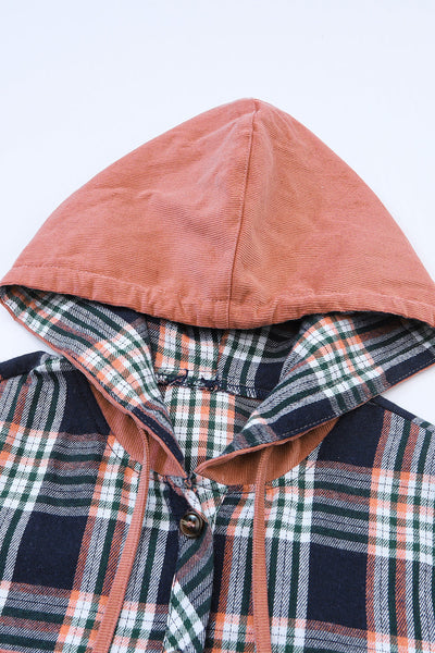 Women's Pink Plaid Shacket with Hood & Drawstring - Trendy Layering Jacket for Effortless Casual Style