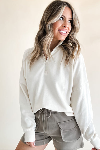 Cozy Women's White Zipped Neck Pullover Sweatshirt with Drop Shoulders - Effortless Casual Style for Everyday Comfort