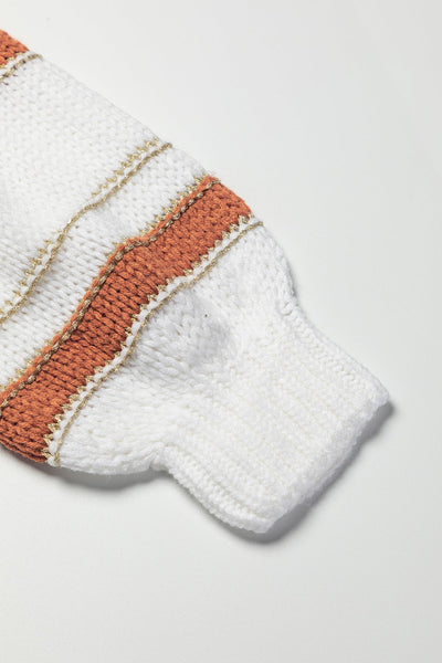 White Oversized Striped Knit Sweater with Puff Sleeves