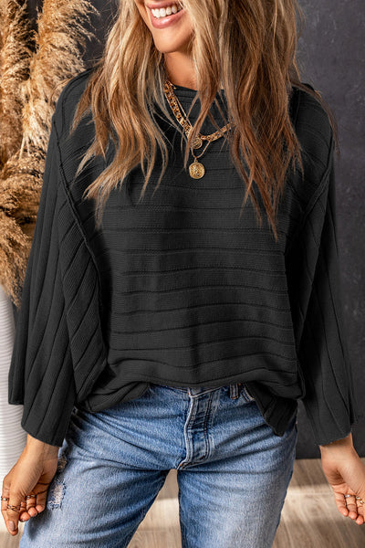 Stylish Women's Black Ribbed Dolman Top with Exposed Seams - Comfortable Everyday Wear for Effortless Chic
