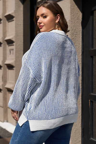 Cozy Dark Blue Striped Knit Sweater for Women - Relaxed Fit with Contrast Edges for Effortless Casual Chic Style