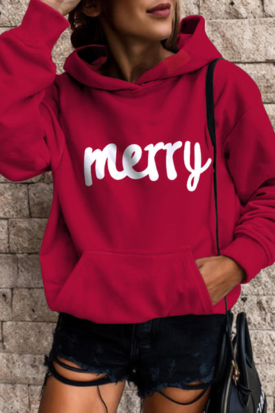 Women's Red 'Merry' Graphic Hooded Sweatshirt with Kangaroo Pocket