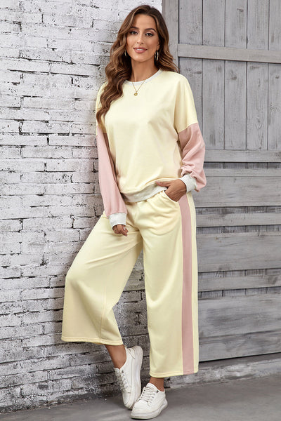 Women's Apricot Color Block 2-Piece Loose Fit Pullover & Pants Set for Casual Comfort & Chic Everyday Style