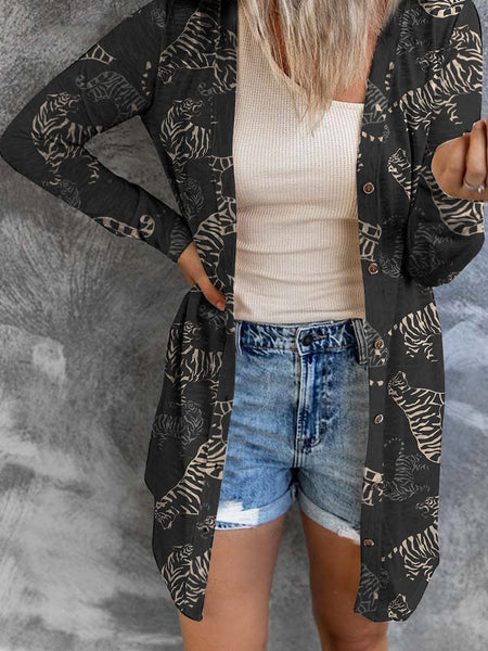 Wild Tiger Print Black Button-Up Cardigan for a Fashionable Fall