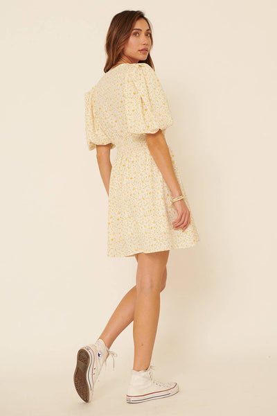 Floral V Neck Tie Puff Sleeve Smock Mini Dress