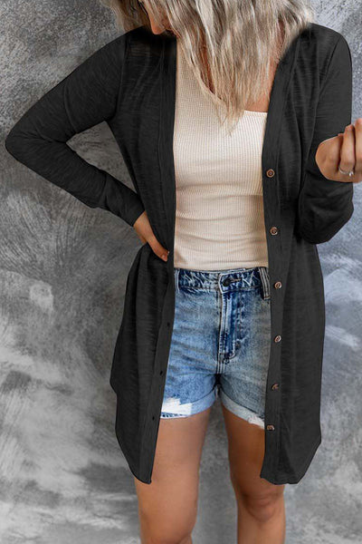 Stylish Women's Black Open-Front Cardigan with Button Details  Cozy Layering Essential for Any Occasion