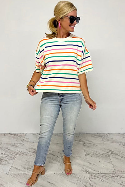 Beige Striped Short Sleeve Knitted Top for Women - Trendy Boxy Fit Tee for Effortless Casual Chic Style