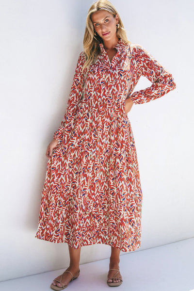Chic Women's High Waist Midi Dress in Orange Abstract Print with V-Neck - Trendy Summer Style for Effortless Elegance
