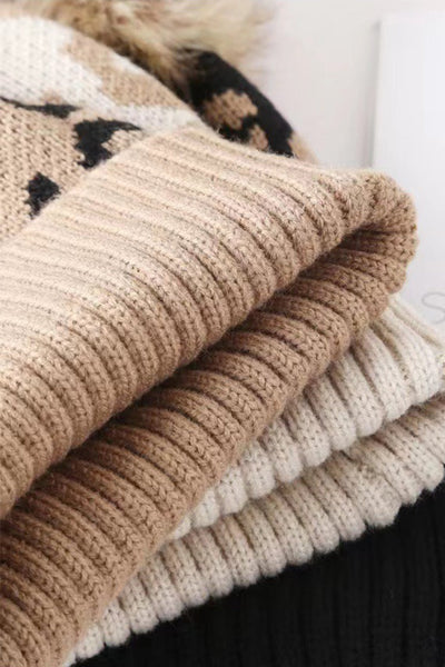 Women's Light Beige Leopard Knit Beanie with Faux Fur Pom