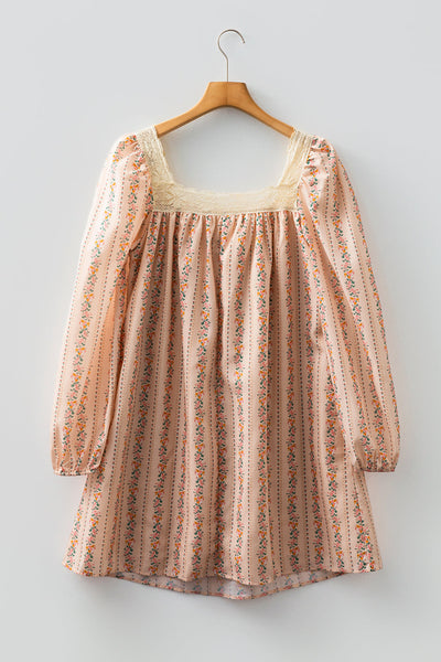 Women's Vintage Floral Stripe Mini Dress with Velvet Bow