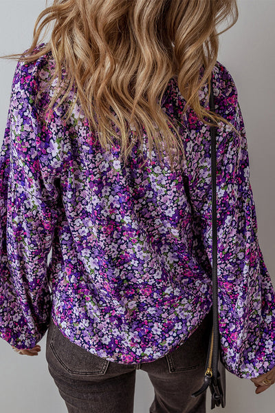Women's Trendy Purple Boho Floral Blouse with Split V-Neck & Bubble Sleeves - Stylish, Comfortable Fashion Top