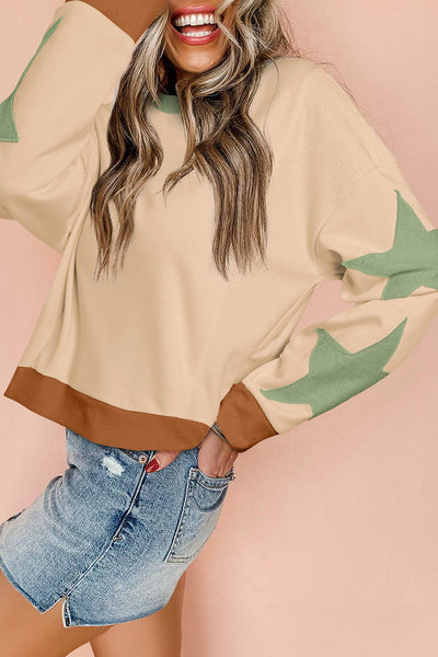Cozy Women's Oversized Parchment Star Patchwork Sweatshirt with Exposed Seams Perfect for Everyday Casual Style