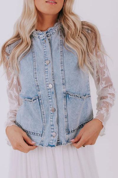women's stylish women's beau blue denim vest with scalloped trim and patch pockets - perfect button-up for casual summer looks with practical styling