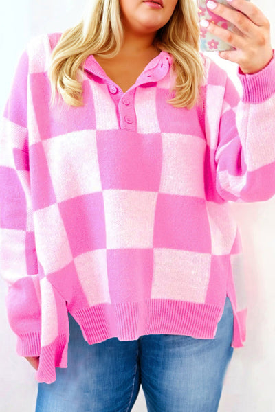 Cozy Plus Size Women's Pink Checkered Sweater with Half Button Collar for Effortless Chic Style