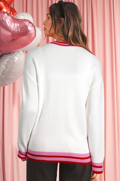 Women's Intarsia Bow Graphic Knit Sweater in White and Crimson