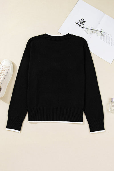 Women's Black Cropped Sweater with Bow Detail and Contrast Trim for Chic Holiday Style and Cozy Comfort