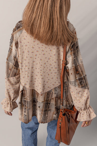 Women's Boho Floral Plaid Distressed Ruffled Sleeve Shacket in Oatmeal - Casual Chic Knit Jacket for Effortless Style
