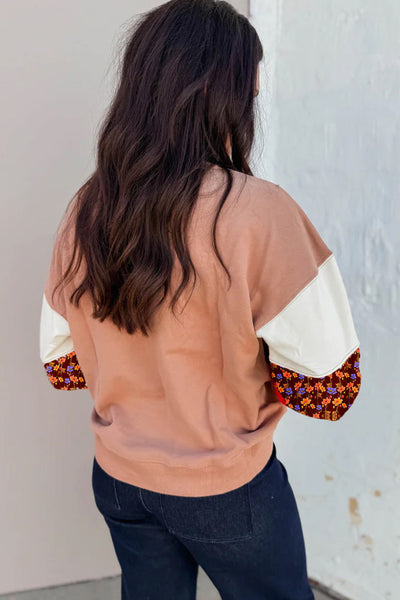 Women's Smoke Gray Floral Patchwork Drop Shoulder Sweatshirt - Trendy Casual Layer for Effortless Everyday Style
