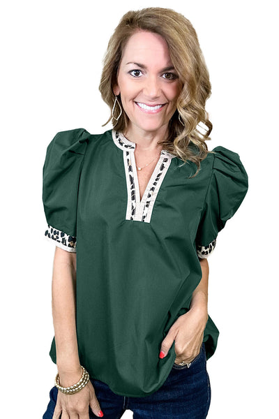 Chic Women's Blackish Green Puff Sleeve Blouse with Leopard Trim & Split Neck - Stylish Top for Any Occasion