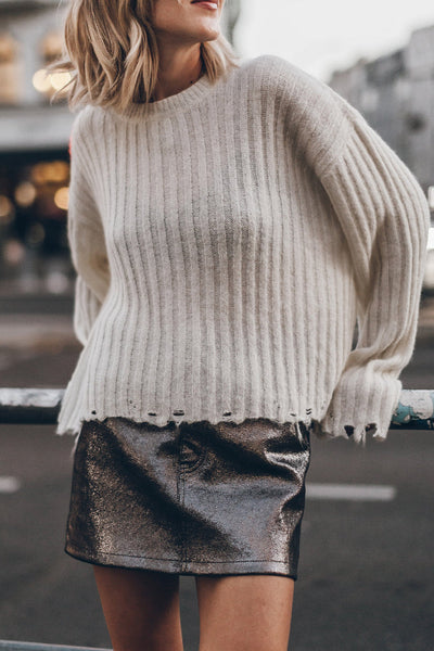 Cozy Women's Slouchy Jet Stream Ribbed Knit Sweater with Distressed Edges for a Casual Chic Look