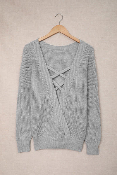Trendy Women's Gray Cross Back Sweater - Stylish Knit Top for Casual Comfort and Fashionable Everyday Wear