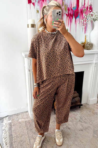 Women's Leopard Print Relaxed Tee and Barrel Leg Pant Set
