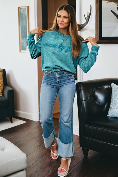 Women's Sea Green Mineral Wash 'Saved by Grace' Cotton Sweatshirt