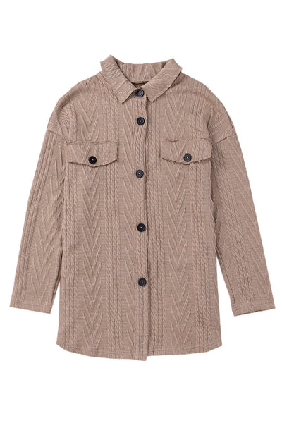 Oversized Khaki Textured Knit Shacket with Button Front