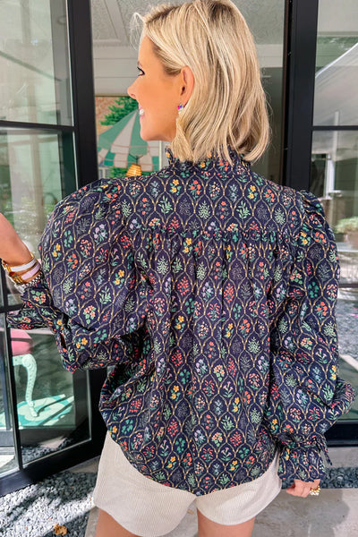 Chic Women's Blue Floral Puff Sleeve Blouse with Flounce Detail - Effortless Summer Top for Stylish Comfort