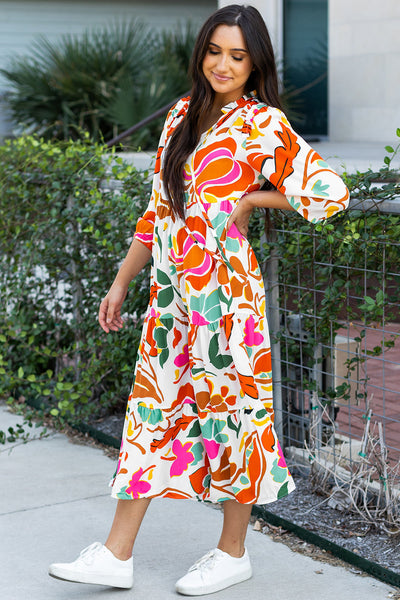 Boho Chic Women's Orange Floral Split V-Neck Tiered Maxi Dress for Effortless Summer Elegance and Comfort