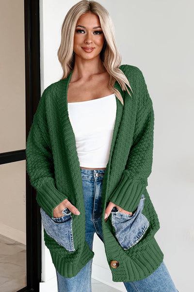 Trendy Women's Blackish Green Open Front Knitted Cardigan with Pockets - Chic Patchwork Design for Effortless Style