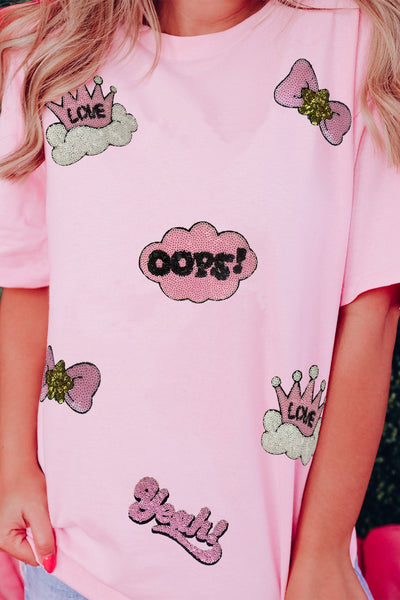 Women's Pink Sequin Patchwork Relaxed Graphic Tee