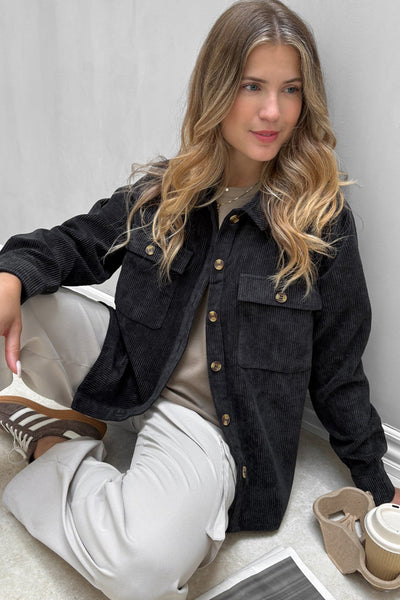 Chic Women's Black Corduroy Shacket with Button Flap Pockets - Perfect Layer for Effortless Casual Style