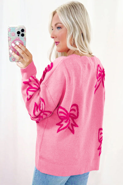 Women's Cozy Pink Bow Patterned Drop Shoulder Sweater - Relaxed Fit for Casual Comfort and Everyday Style