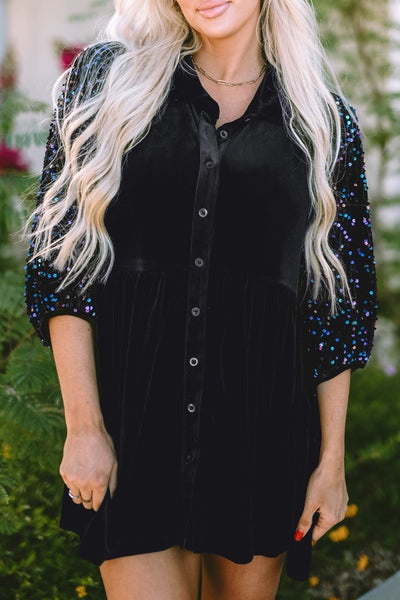 Chic Women's Black Velvet Peplum Blouse with Sequin Puff Sleeves Stylish Button-Up Top for Special Events