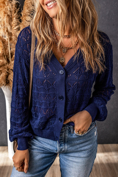 Women's Blue Lightweight Crochet Cardigan with Button Front  Stylish, Comfortable Fit for Any Casual Occasion