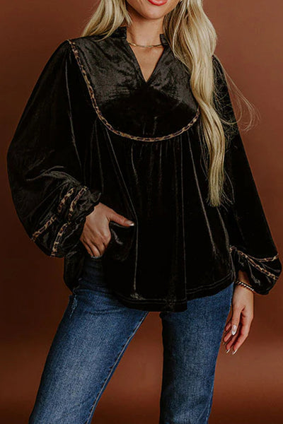 Elegant Women's Black Velvet Puff Sleeve Top with Notched Neck and Leopard Trim - Chic Casual Fashion Statement