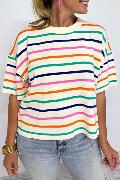 Beige Striped Short Sleeve Knitted Top for Women - Trendy Boxy Fit Tee for Effortless Casual Chic Style
