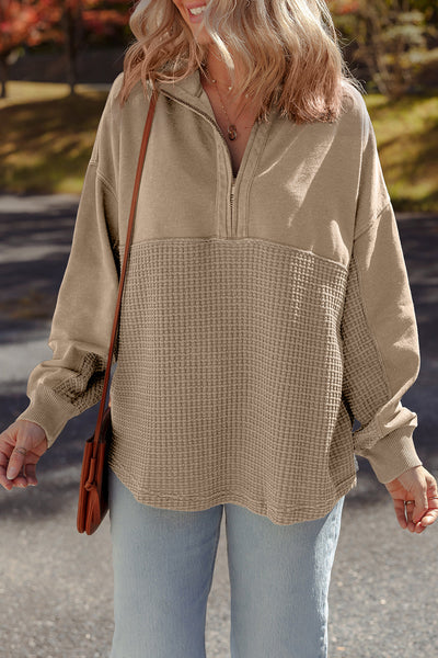 Women's Cozy Parchment Waffle Knit Half-Zip Sweatshirt - Stylish Patchwork Design for Effortless Casual Chic