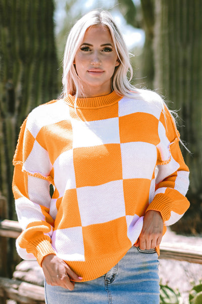Women's Cozy Orange Checkered Bishop Sleeve Sweater - Stylish Knit Pullover for Fall Fashion and Casual Wear