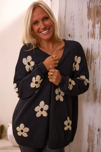Women's Cozy Black Floral Print Knitted Cardigan - Open Front, Loose Fit for Casual Outings and Layering