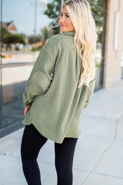 Women's Cozy Smoke Green Fleece Shacket with Exposed Seams & Button Down, Trendy Patchwork Design for Ultimate Comfort