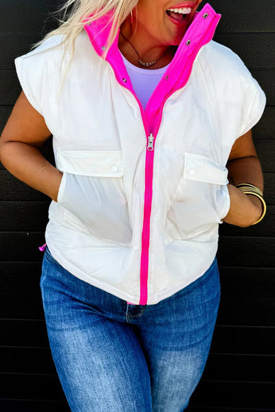 Cozy Women's White Color Block Winter Vest with Snap Button & Zip Closure - Trendy Patchwork Layering Essential