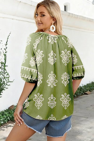 Women's Olive Green Boho Damask Notched V-Neck Blouse