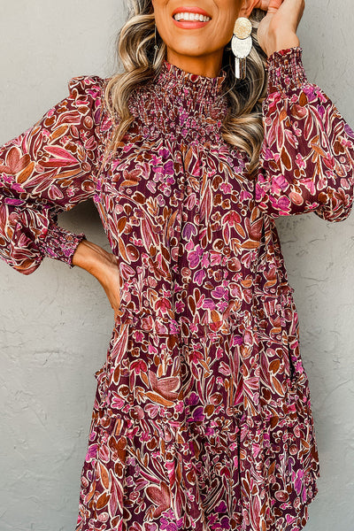 Women's Effortless Style Red Floral Mini Dress with Long Sleeves, Shirred High Neck, and Relaxed Fit for Any Occasion