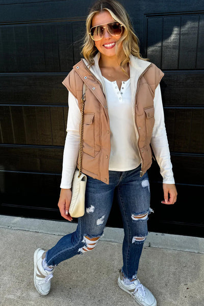 Women's Stylish Smoke Gray Color Block Zip-Up Winter Vest with Snap Button Closure and Trendy Patchwork Design